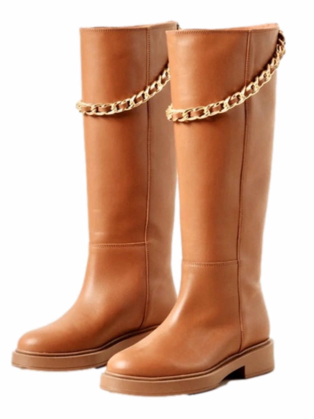 Alohas Pier Brown Size 6.5 EU 37 Tall Boots Leather Gold Chain Detail New